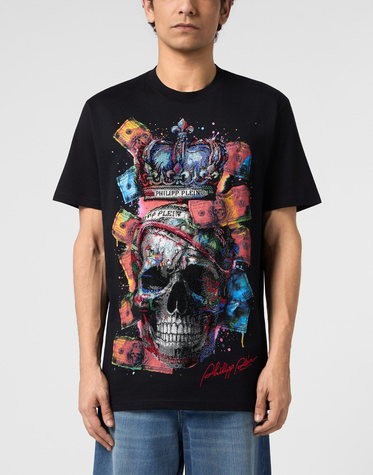 T-shirt Philipp Plein "Multicolor Dollar Skull" con cristalli sul fronte