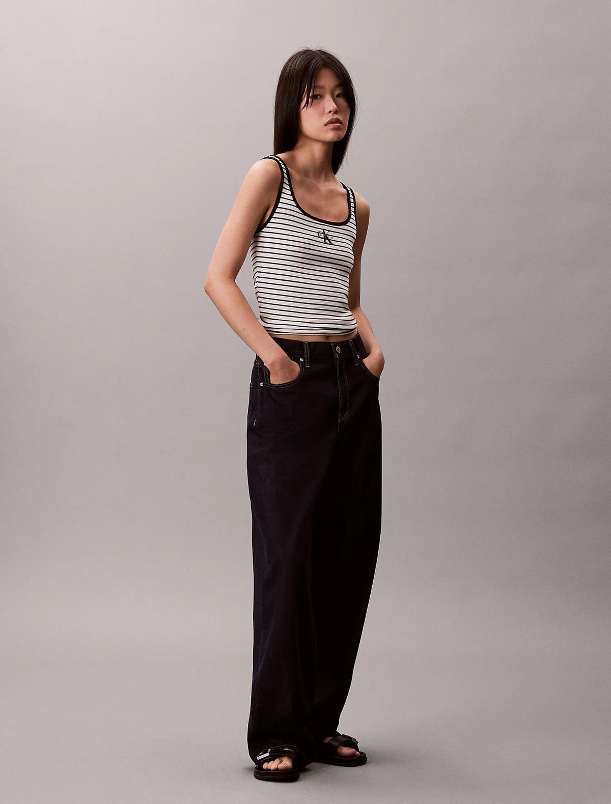 Canotta Calvin Klein slim in costina a strisce donna