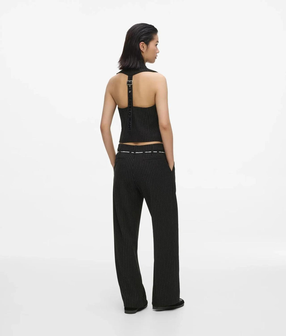 Pantalone Karl Lagerfeld Jeans gessato con cinturina logata a contrasto