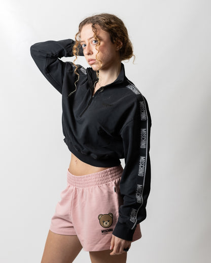 Felpa Moschino Active cropped mezza zip con bande logate donna