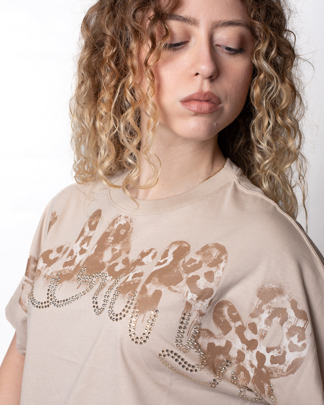 T-Shirt Disclaimer cropped con logo animalier e strass donna