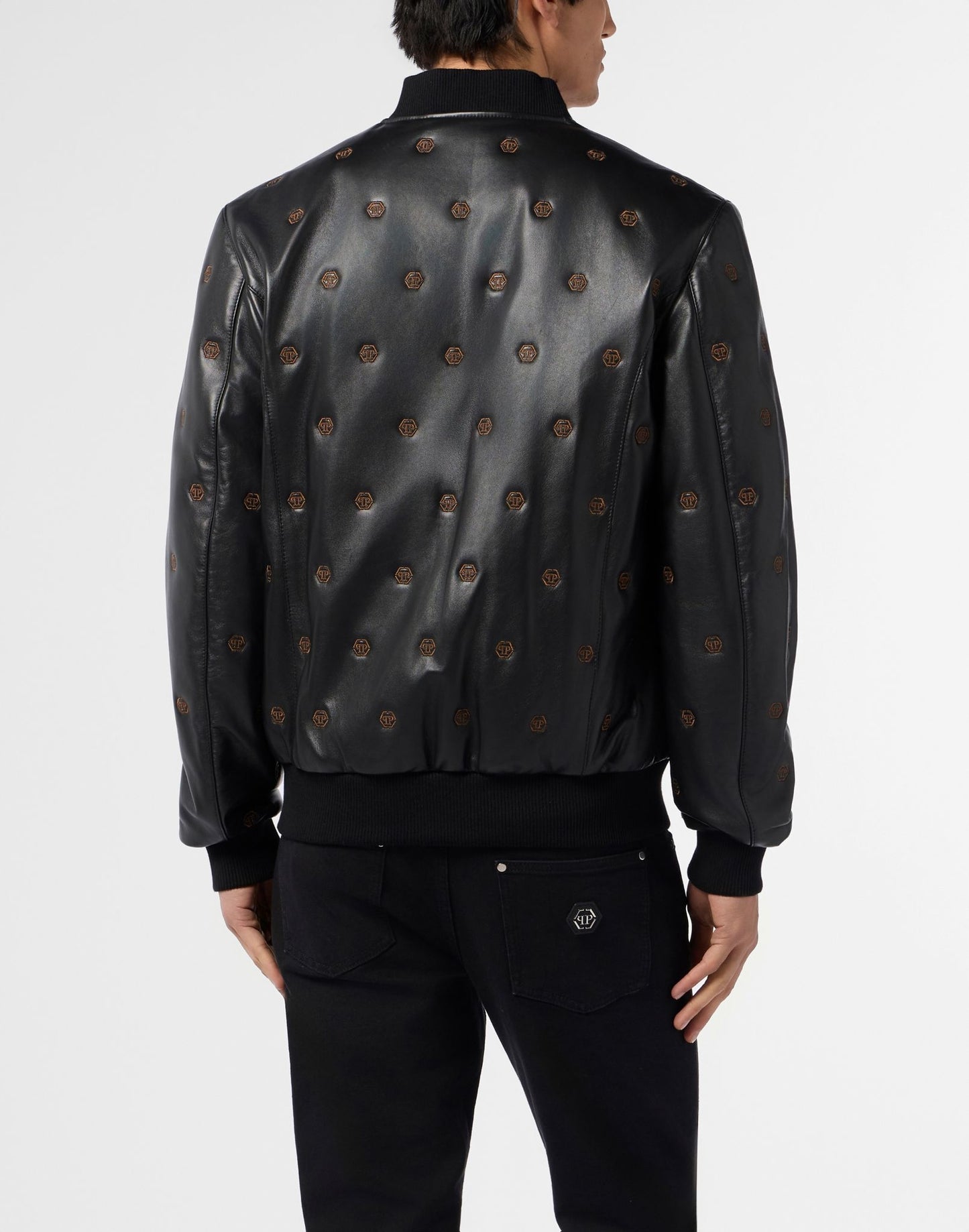 Giubbotto Philipp Plein in vera pelle con logo all-over uomo