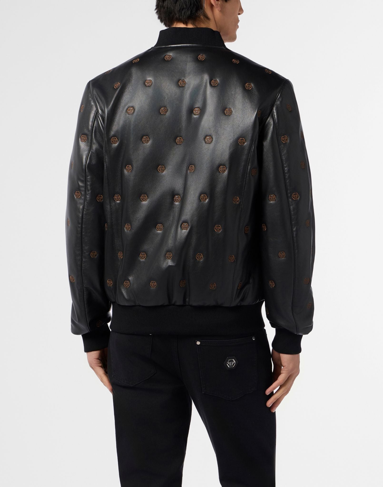 Giubbotto Philipp Plein in vera pelle con logo all-over uomo
