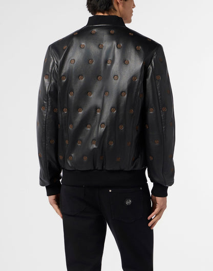 Giubbotto Philipp Plein in vera pelle con logo all-over uomo