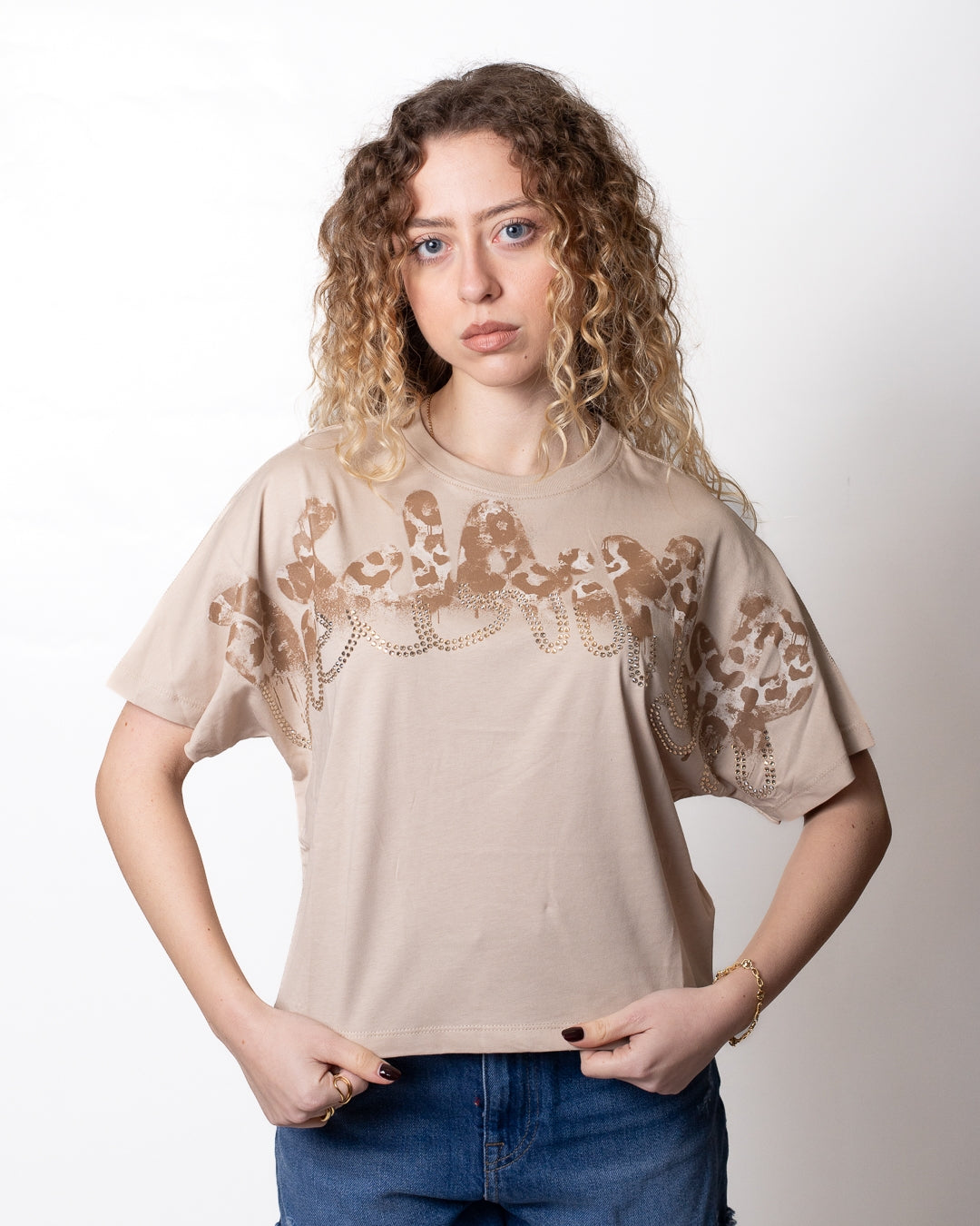 T-Shirt Disclaimer cropped con logo animalier e strass donna