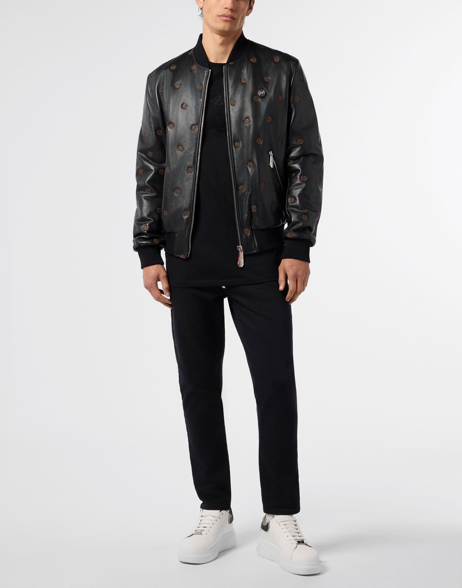 Giubbotto Philipp Plein in vera pelle con logo all-over uomo