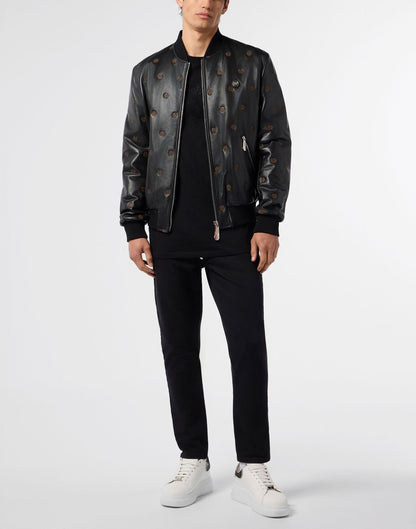Giubbotto Philipp Plein in vera pelle con logo all-over uomo