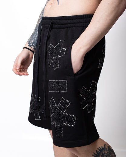 Bermuda Comme des Fuckdown in felpa con strass all-over uomo