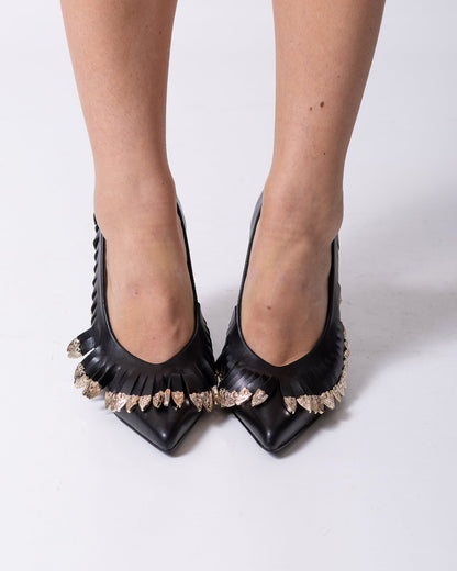 Tacchi Just Cavalli in pelle con frange e dettagli metallici oro