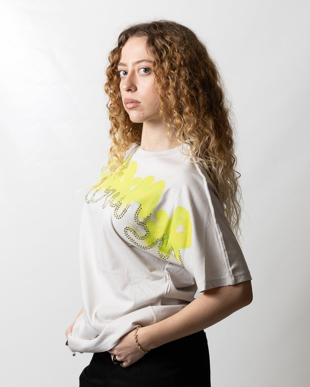 T-Shirt Disclaimer con stampa e strass donna