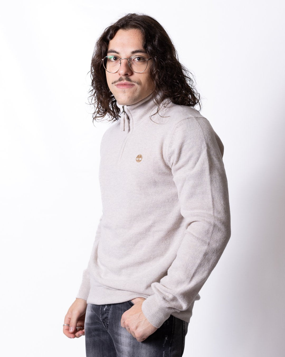 Maglia Timberland in lana mezza zip con logo ricamato