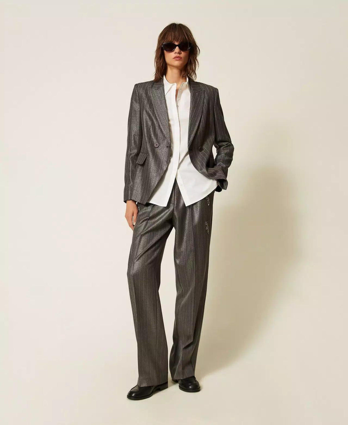 Giacca blazer Twinset Actitude doppiopetto gessato con finitura laminata
