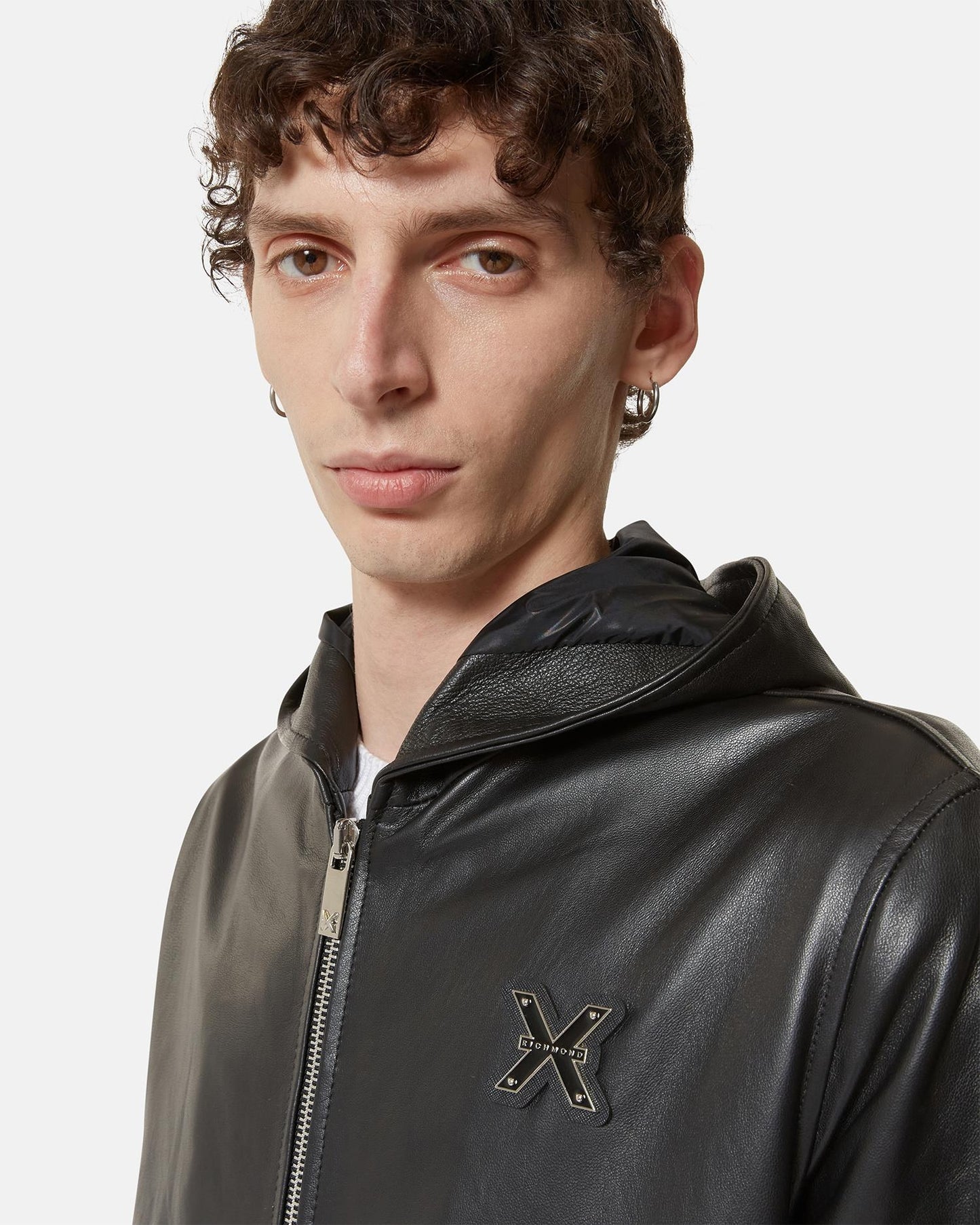 Giubbotto Richmond X in pelle con cappuccio uomo