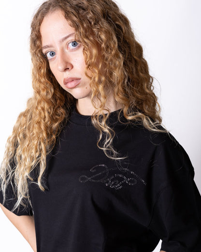 T-shirt Disclaimer con logo e grafica brillantinata