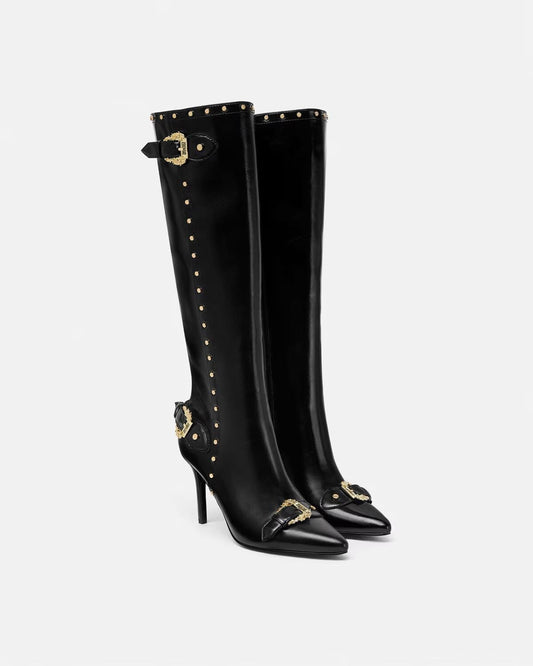 Stivali Versace Jeans Couture in pelle con tacco e fibbie donna