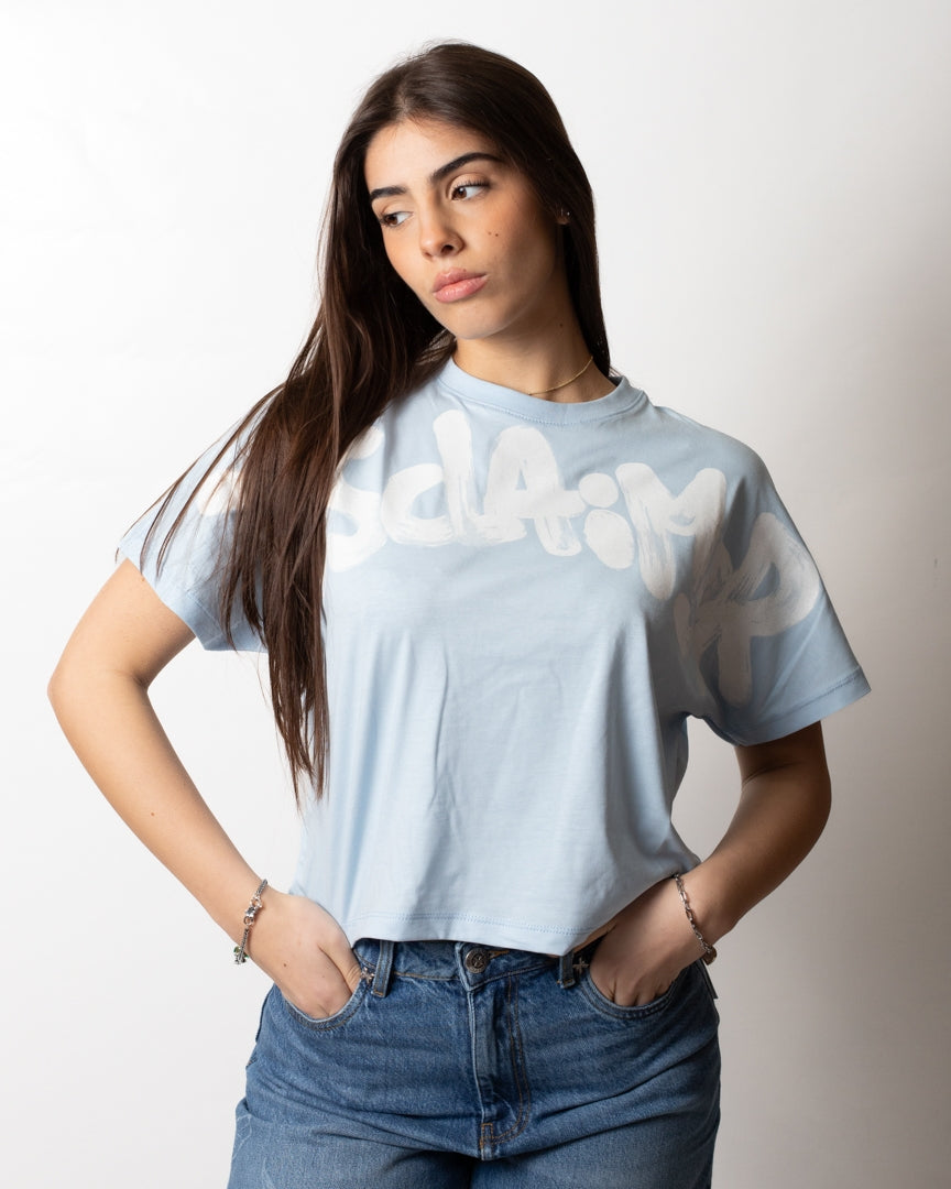 T-Shirt Disclaimer cropped con logo glitter donna