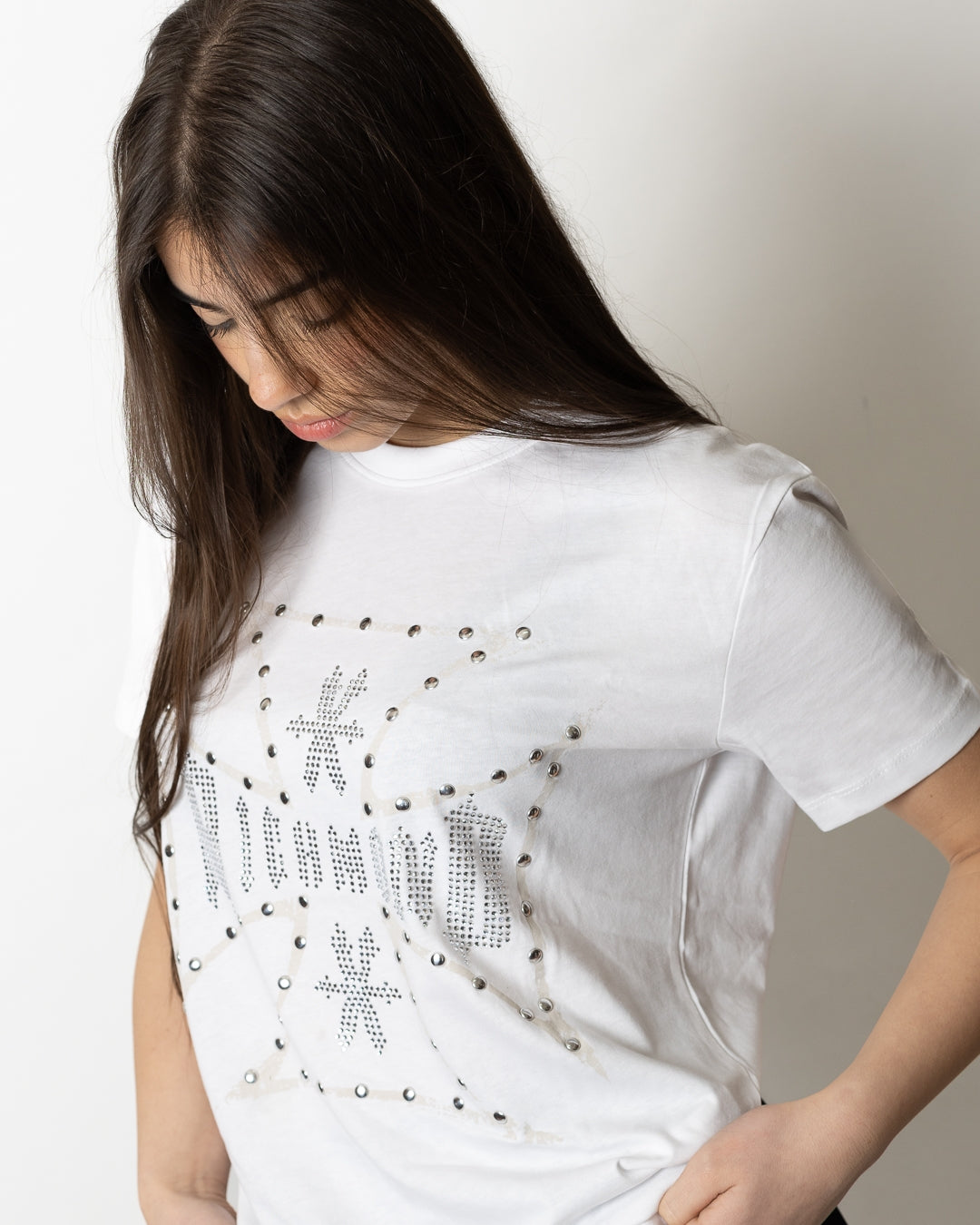 T-Shirt Richmond X con stampa, borchie e logo strass donna