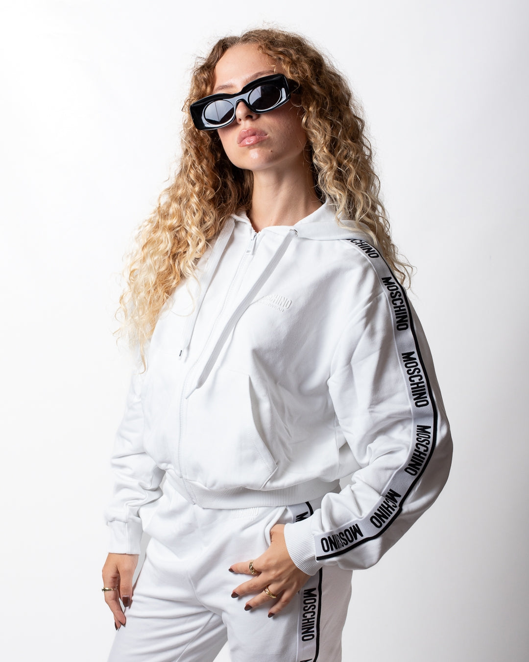 Felpa Moschino Underwear fullzip con cappuccio e fasce logate donna