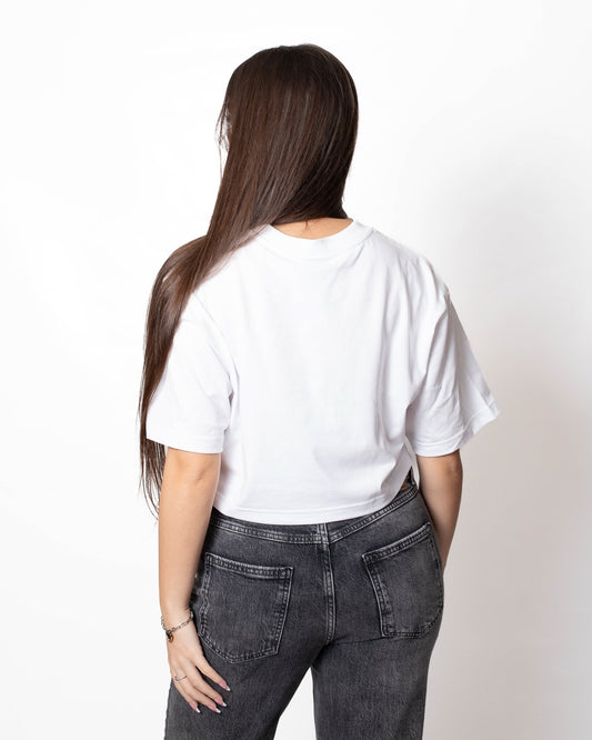 T-Shirt Comme des Fuckdown cropped con etichetta logata donna