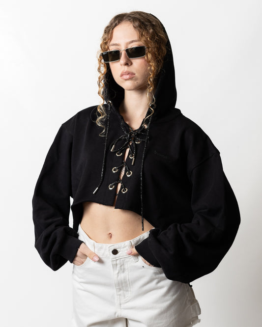Felpa Disclaimer cropped con laccetti donna
