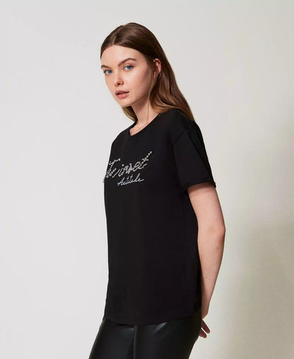 T-Shirt Twinset Actitude con logo lurex e perline donna