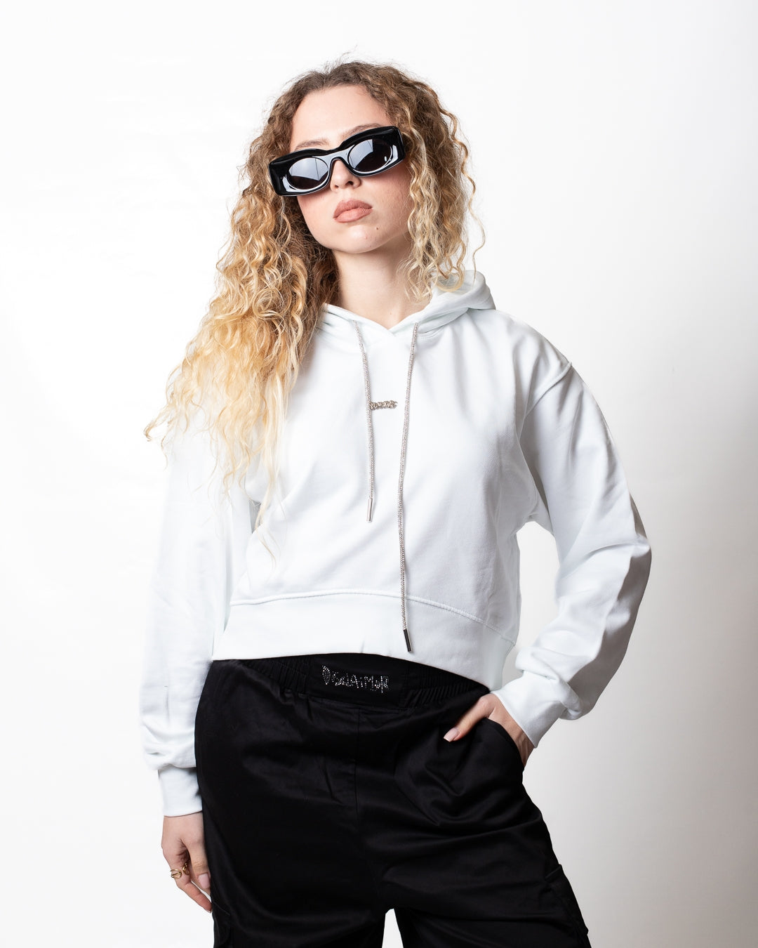 Felpa Disclaimer cropped con coulisse brillantinata donna