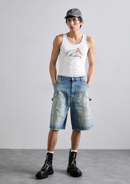 Bermuda Moschino in denim blu con tasconi e dettagli uomo