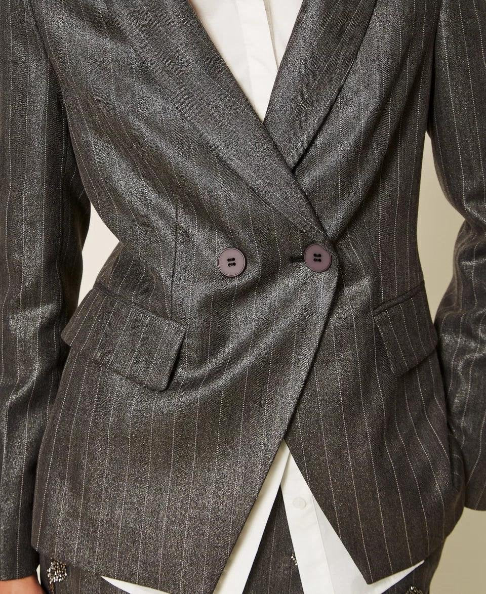 Giacca blazer Twinset Actitude doppiopetto gessato con finitura laminata
