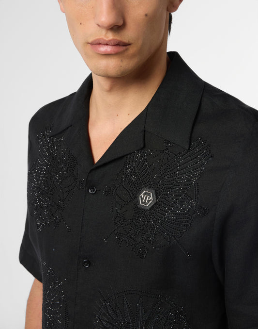Camicia Philipp Plein manica corta in lino con logo tattoo e applicazione di strass