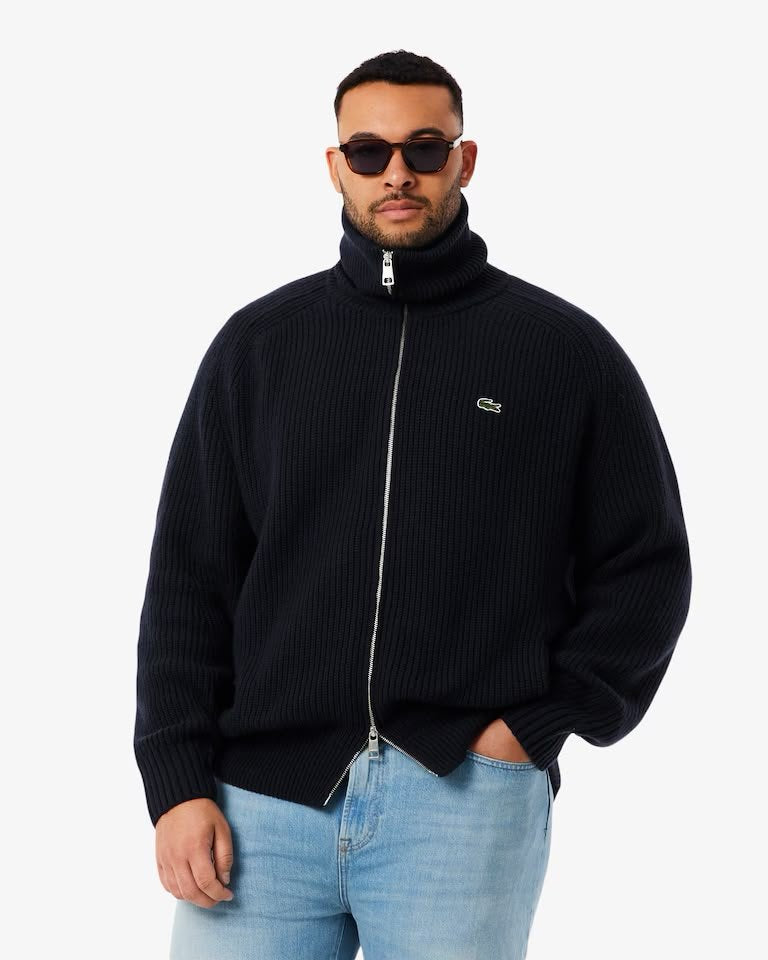 Maglia Lacoste fullzip a collo alto in lana con costine uomo