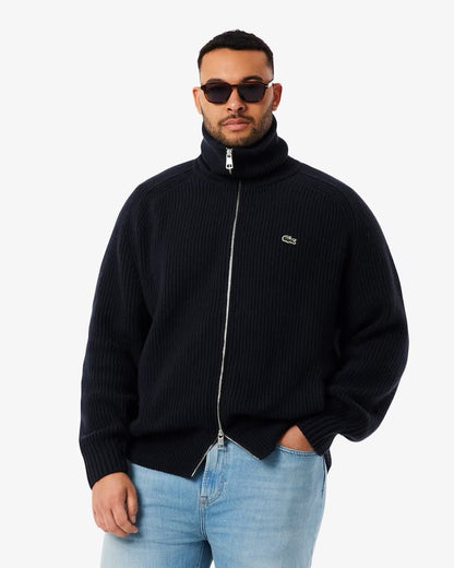 Maglia Lacoste fullzip a collo alto in lana con costine uomo