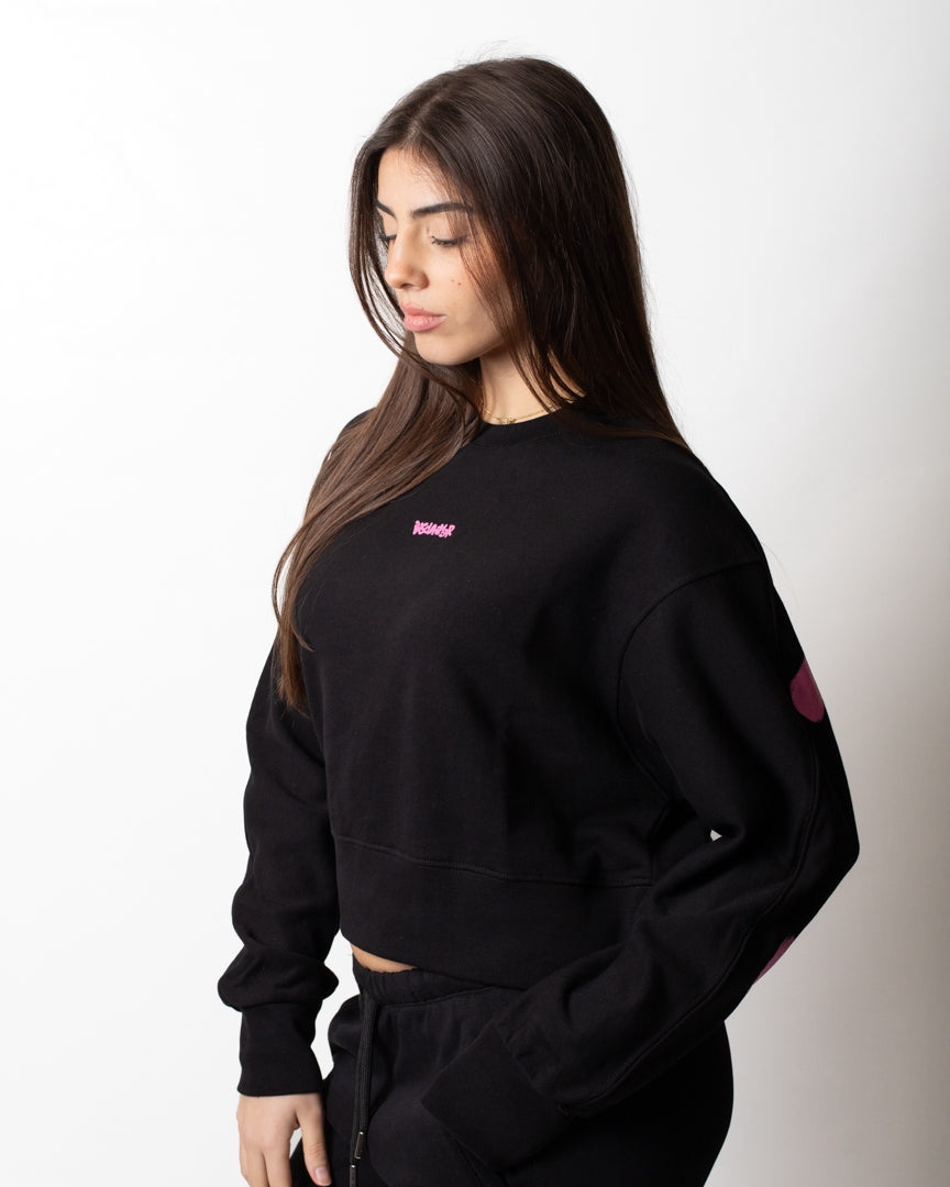 Felpa Disclaimer cropped girocollo con logo glitter donna