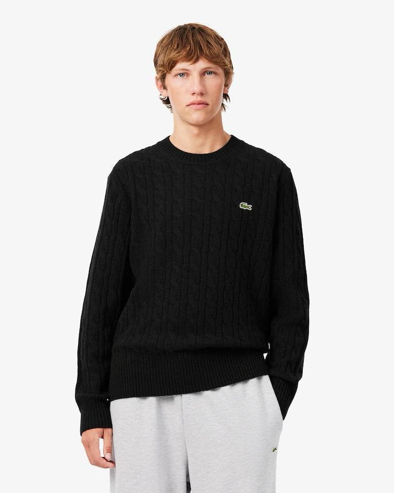 Maglia Lacoste treccia inglese in lana con logo ricamato