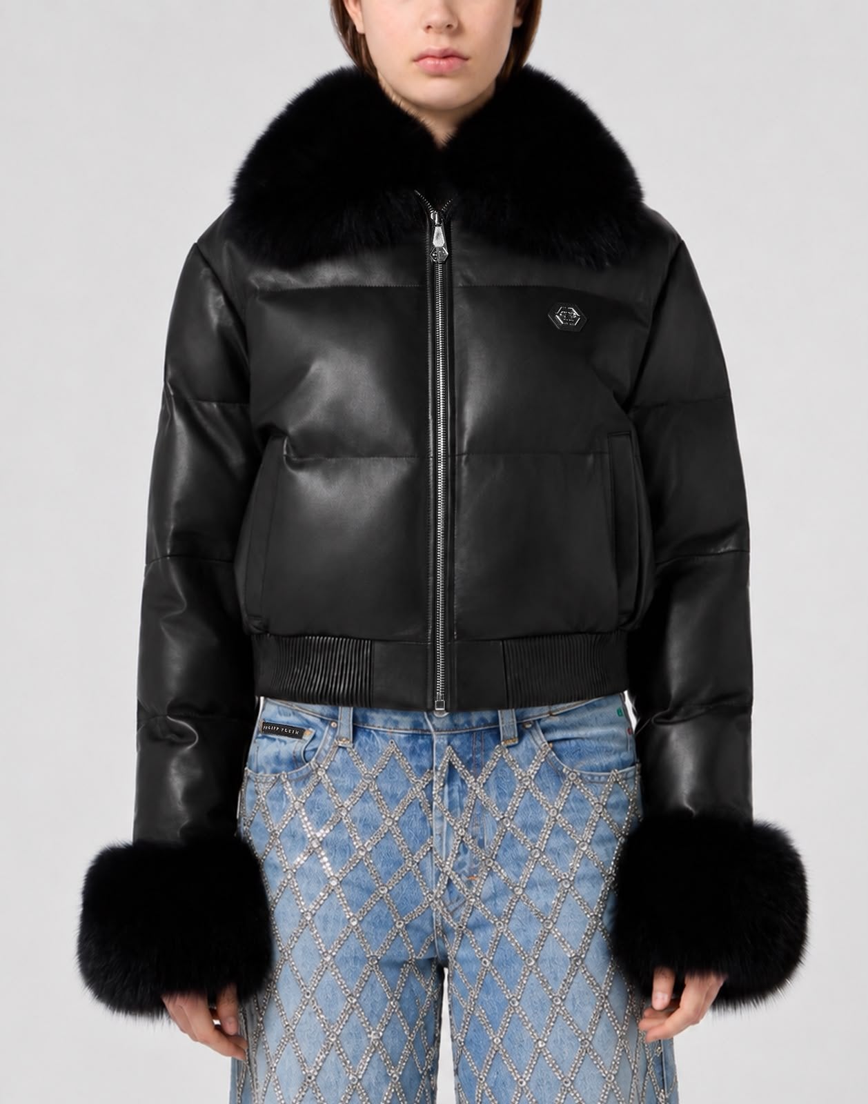 Bomber Philipp Plein pelle trapuntata e pelliccia di volpe