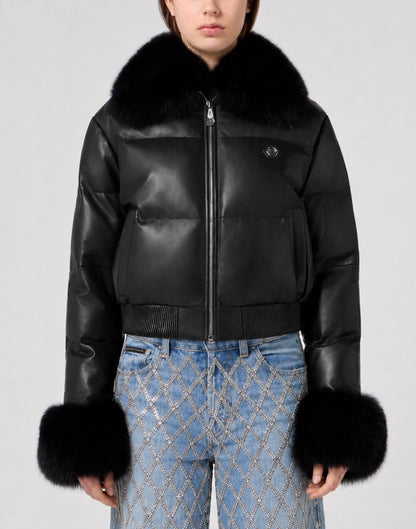 Bomber Philipp Plein pelle trapuntata e pelliccia di volpe