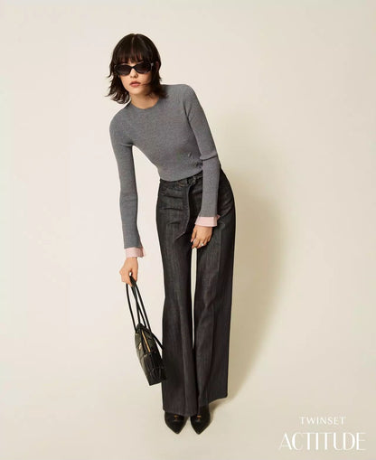 Maglia Twinset Actitude in costina con polsini a contrasto donna