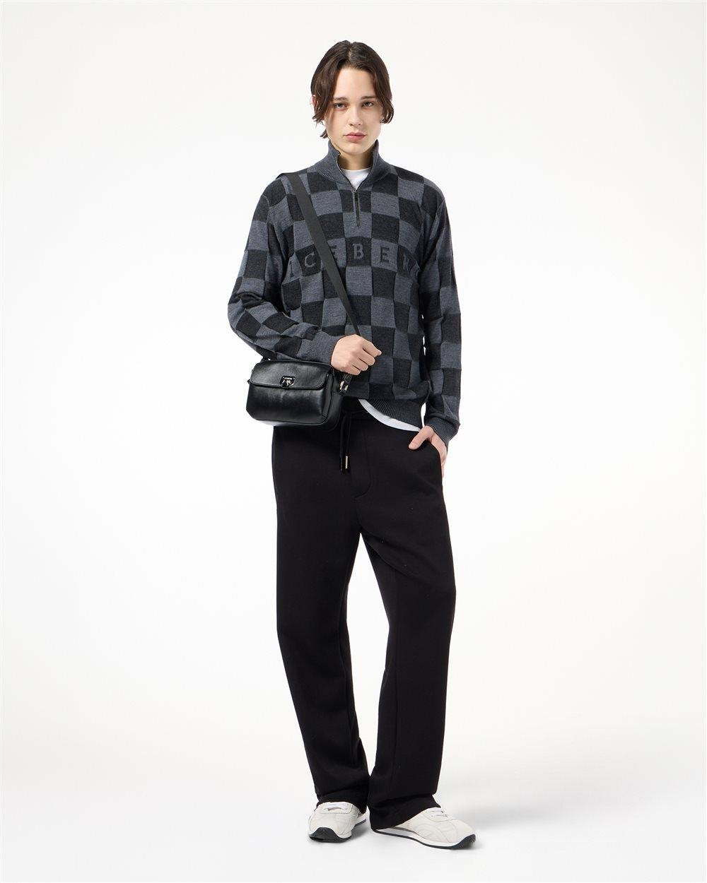 Maglia Iceberg in lana mezza zip color blocking e logo jacquard a intarsio