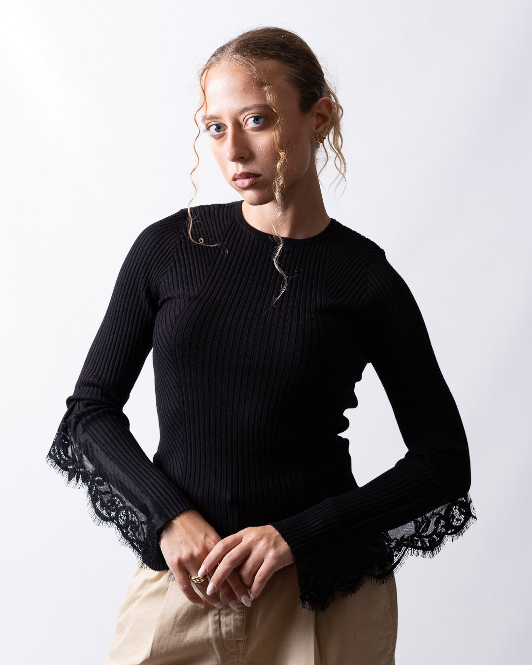 Maglia Twinset Actitude in costina con ricami in pizzo donna