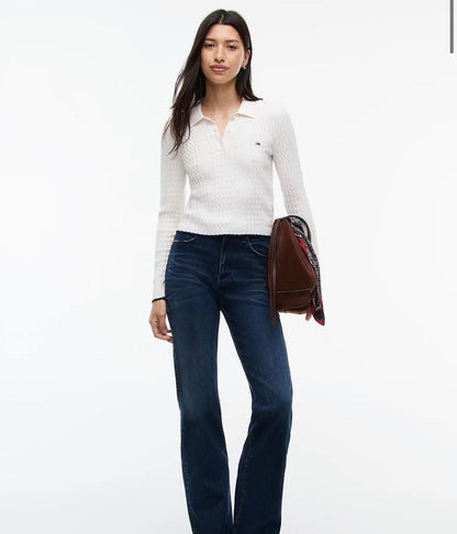 Maglia polo Tommy Jeans con trama a treccia inglese e bandierina ricamata