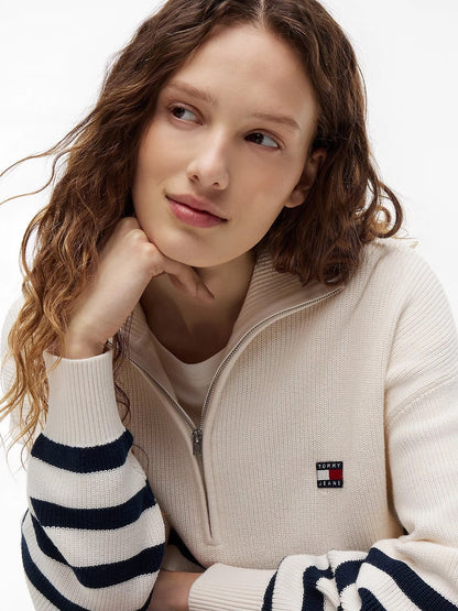 Maglia Tommy Jeans mezza zip a righe con logo flag donna