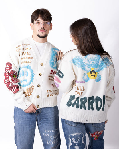 Cardigan Barrow in lana con stelle, rotture e logo ricamato