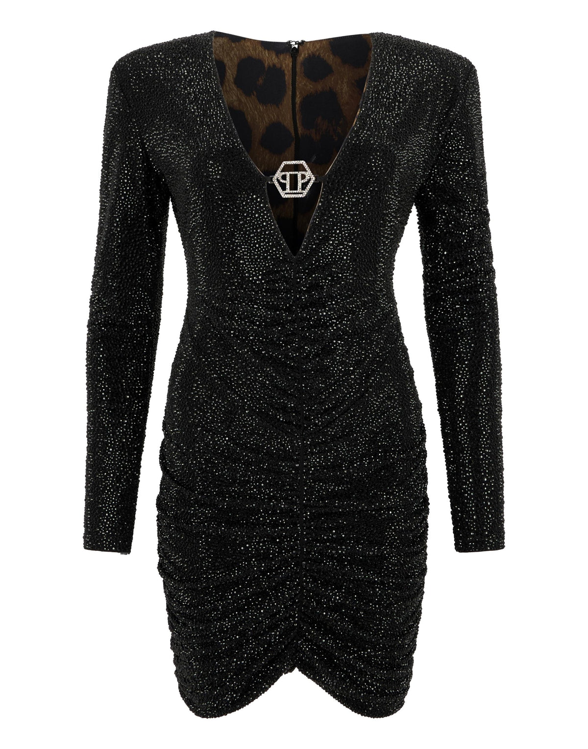 Abito Philipp Plein "Long Sleeve Mini Dress All-Over Strass" con dettaglio gioiello
