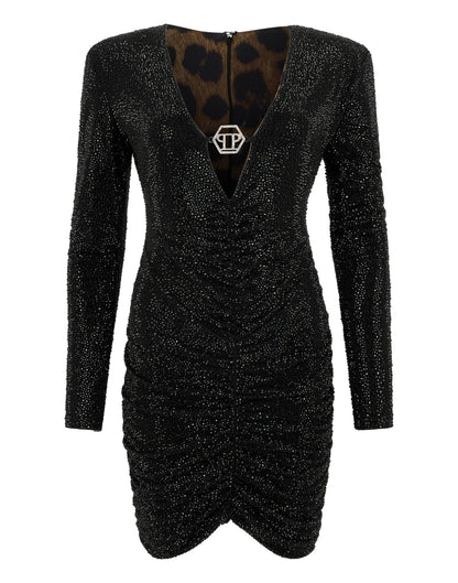 Abito Philipp Plein "Long Sleeve Mini Dress All-Over Strass" con dettaglio gioiello