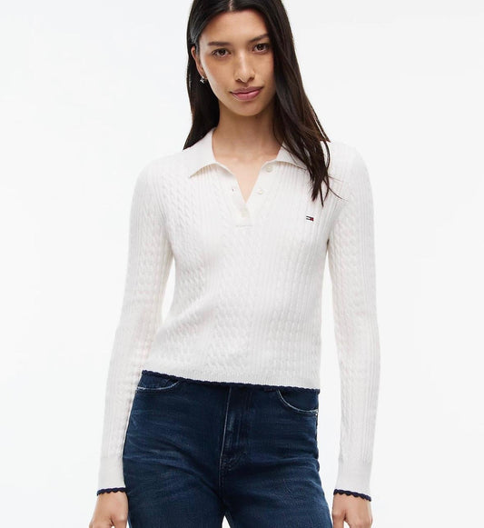 Maglia polo Tommy Jeans con trama a treccia inglese e bandierina ricamata