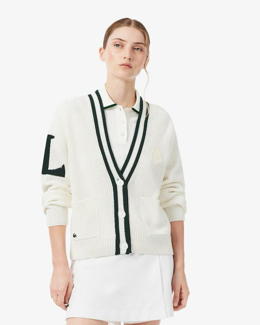Cardigan Lacoste in lana con logo gommato e profili a contrasto