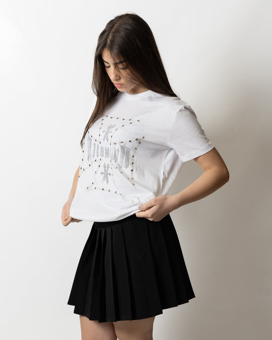 T-Shirt Richmond X con stampa, borchie e logo strass donna