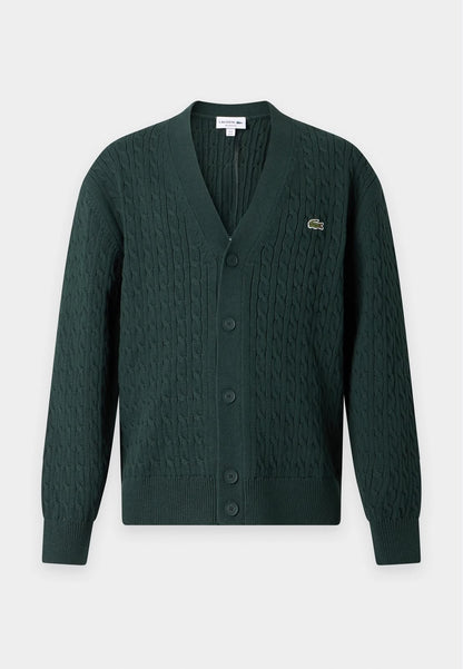 Cardigan Lacoste treccia inglese con logo ricamato e maxi logo sul retro