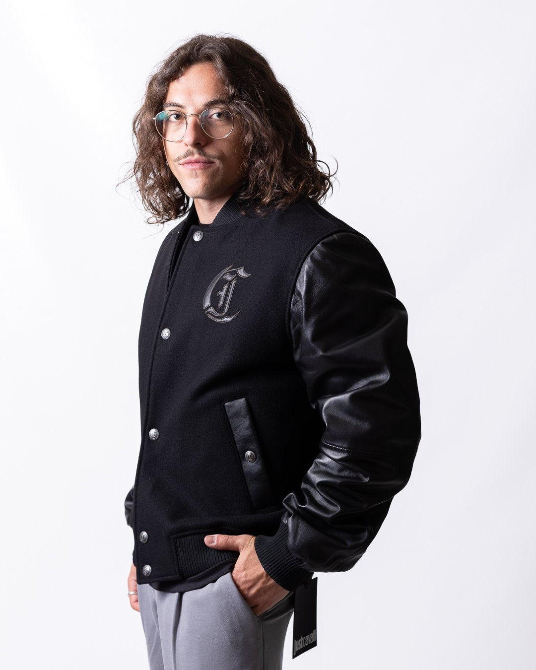 Giubbotto Just Cavalli in pelle e lana con logo-patch