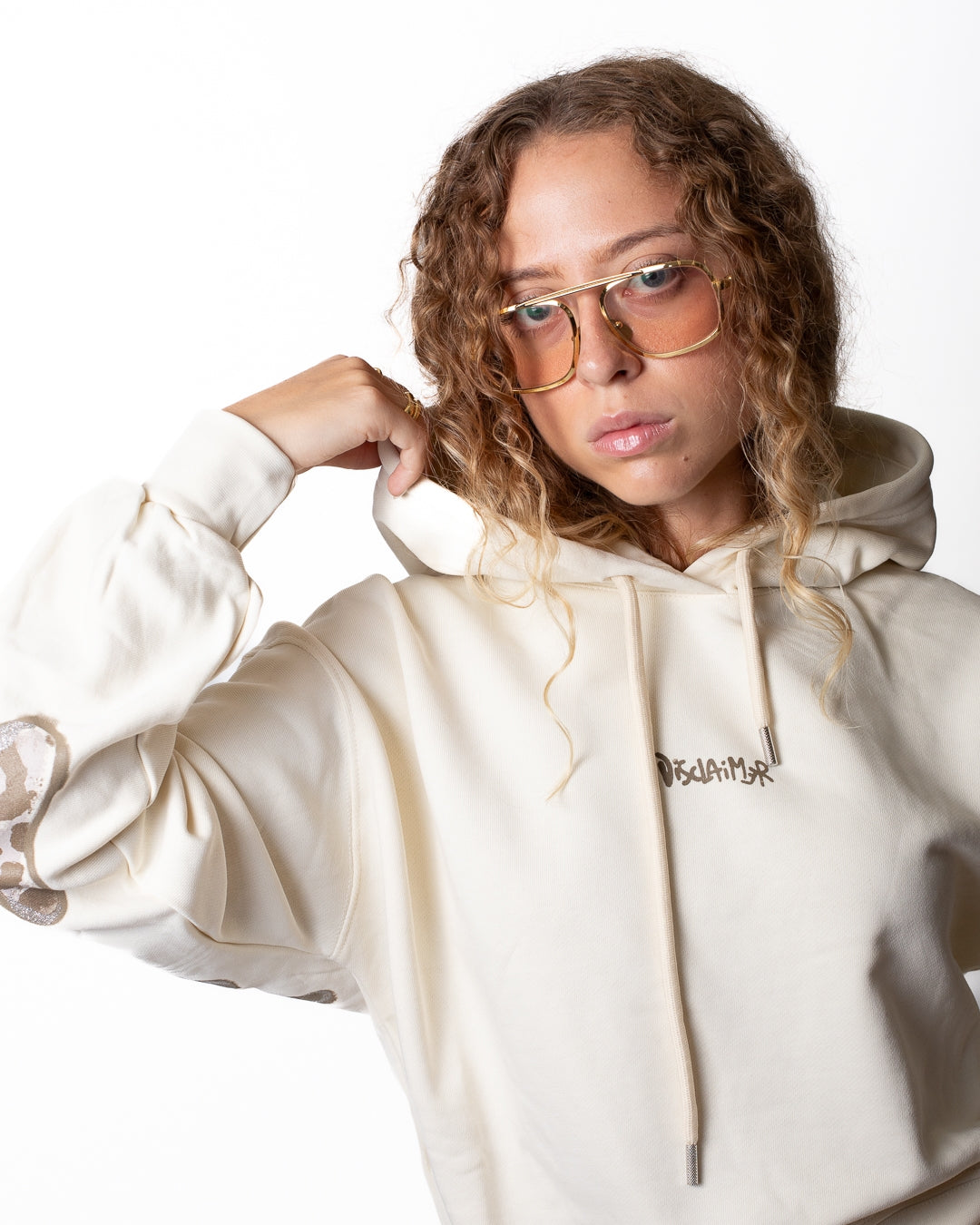 Felpa Disclaimer cropped con cappuccio e glitter donna