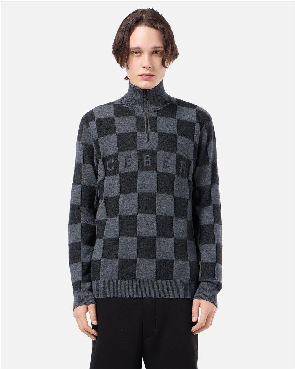 Maglia Iceberg in lana mezza zip color blocking e logo jacquard a intarsio